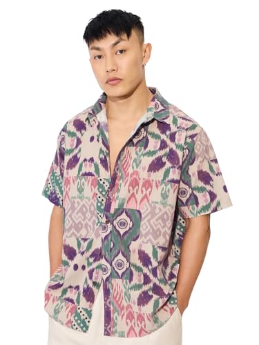 Image of The Souled Store Ikat Soul Men and Boys Short Sleeves Collared Neck Button Front Multicolor All Over Printed Cotton Linen Holiday Shirts