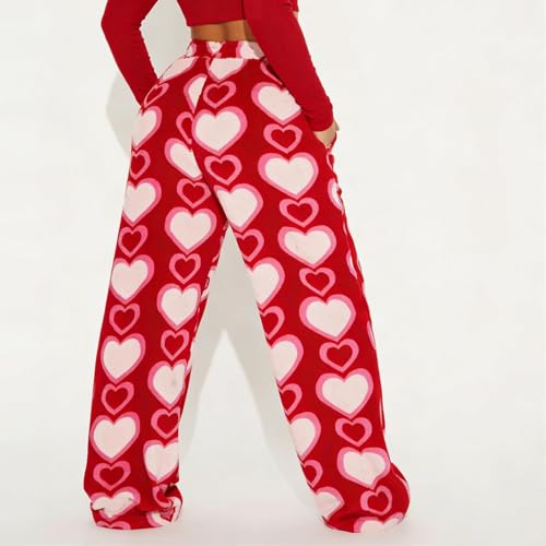 Image of Valentine's Day Flannel Pants Women's Romantic Heart Print Elastic Drawstring Waistband Wide Leg Loose Fit Trousers
