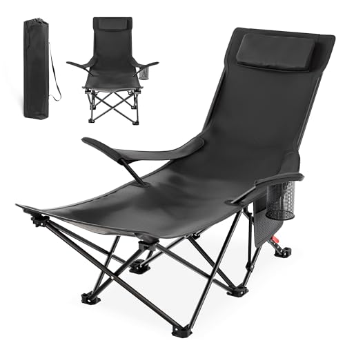 KaO0YaN Campingstuhl Faltbar mit Fußstütze Strandstuhl mit 4-Fach Verstellbarer Rückenlehne Liegestuhl Klappstuhl Tragetasche und Getränkehalter Outdoor Relaxsessel Campingstühle 150 kg