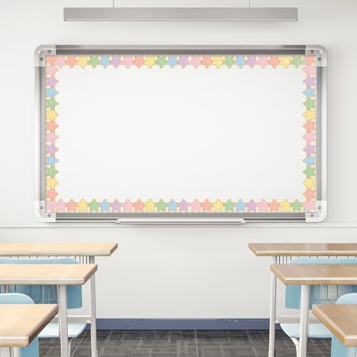 Image of Whaline 32.8ft Star Bulletin Board Border Pastel Color Star Die-Cut Rolled Border Trim with Gold Edge for Back to School Classroom Chalkboard Wall Decoration