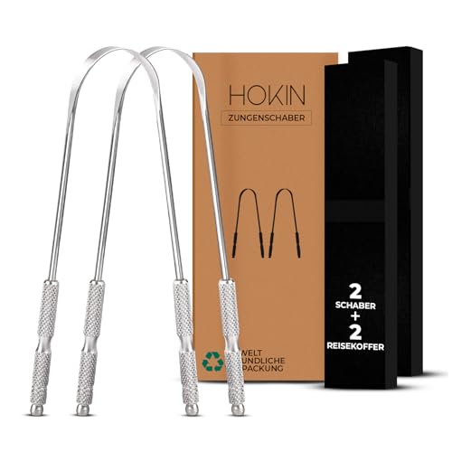 HOKIN Zungenschaber für Erwachsene Zungenreiniger Edelstahl Mundgeruch Bekämpfen 100% Metall Tongue Scraper Cleaner Männer und Frauen Zungenbürste Mundhygiene Produkt (2Pcs Mundpflege Pack)