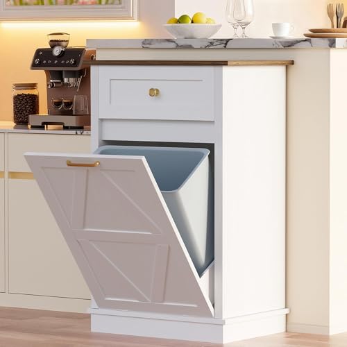 YESHOMY Tilt Out Trash Cabinet,10 Gallon Hidden Wooden Bin Cabinets, Laundry Hamper with Drawers, for Kitchen, Dining Room, White