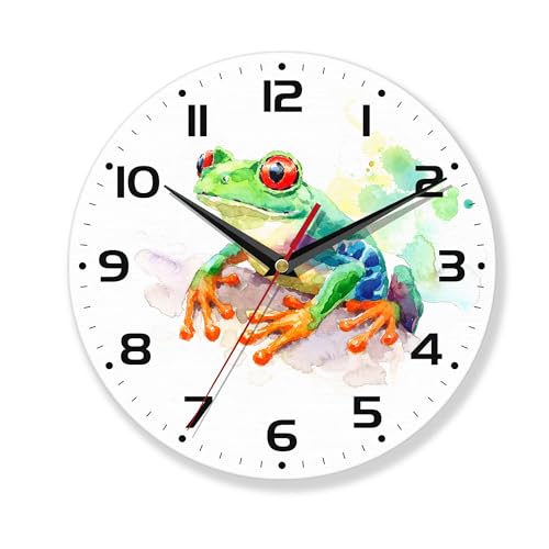 Wall Clock,Frog Wall Clocks Decorative,Green Frog Watercolor Kitchen Wall Clock Battery Operated-10 Inch Round Bathroom Wall Clocks Silent Non-Ticking