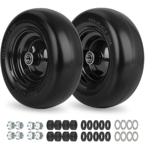11x4.00-5' Flat Free Lawn Mower Tire and Wheel, 11x4-5 Smooth Front Tire for Zero Turn Mower with 1/2' or 3/4' or 5/8' Bearing Bore, 3.4'-5.8' Hub, 2 Pack