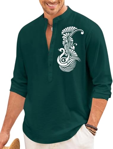 Image of FINIVO FASHION Men's Printed Cotton Blend Short Kurta with Artistic Chest Design | Stylish Full Sleeve Casual Kurta with Mandarin Collar for Daily, Travel Soft Textured