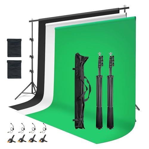 Greenscreen Hintergrund Set 2,6x3m mit Ständer – Fotohintergrundsystem mit 3 Stoffen (Grün, Weiß, Schwarz), höhenverstellbar, 4 Klemmen, 2 Sandsäcke & 4 Seile für Foto & Videoaufnahme (2.6M)