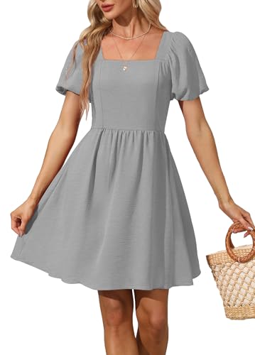 OFEEFAN Semi Formal Dresses for Women Summer Casual Dresses Short Sleeve Mini Dress with Bow Tie Grey XS