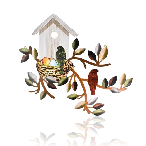 Metal Bird Wall Art Decor, Outdoor Wall Decor Bird Wall Art Hanging Metal Tree with Birdhouse Birds Wall Decor for Indoor Outdoor Garden