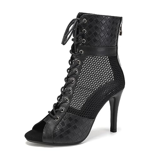 Uonpie Bottines de Danse pour Femme Peep Toe Salsa Bachata Talons à Lacets pour la Salon Bottes de Danse Noir, 38 EU
