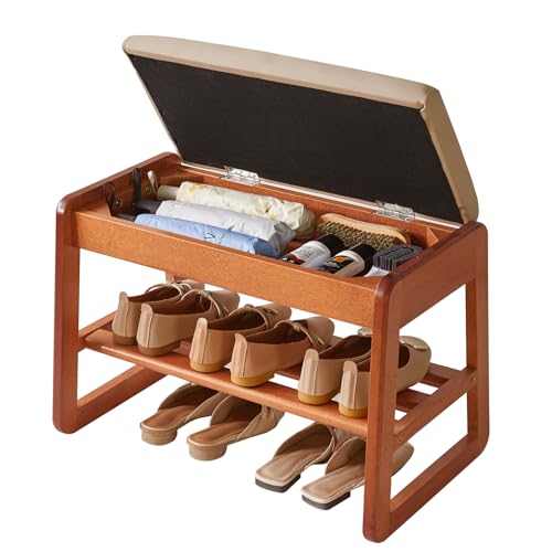 Aibiju Banco Zapatero con Tapa Abatible, 2 Niveles, con Asiento Acolchado, Organizador de Madera de 60 cm para Entrada, Dormitorio y Sala de Estar, Color Cerezo YD-WD060C