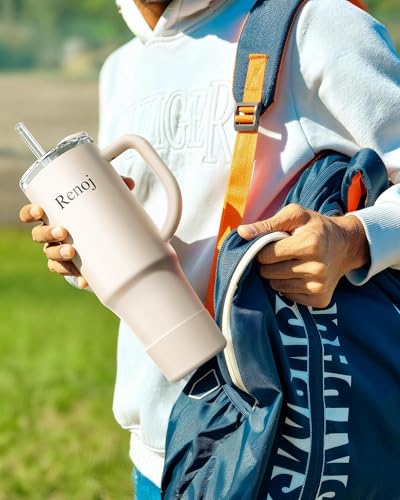 Image of Renoj Insulated Mug 100% Leak Proof Insulated Water Bottle for Iced Coffee & Hot Drinks - Fits Car Cup Holder, Ideal Gift, 2 Straws & Silicone Boot - SnapShift White 40 oz