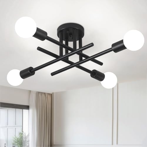 MRHYSWD Plafoniera Nero, Lampada Da Soffitto Vintage per Soggiorno Camera Da Letto Cucina Corridoio, Lampadario Industriale a 4 Luci Plafoniera Moderna con Attacco E27 (Senza Lampadine)