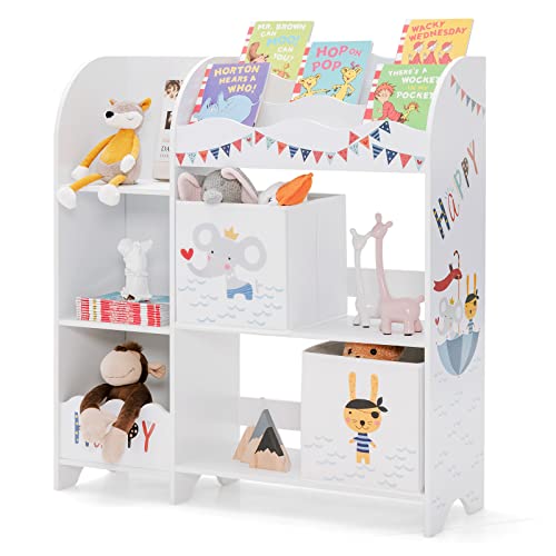 Goplus Estantería para Niños con 5 Estantes y 2 Cajones de Tela, Armario para Juguetes, Libros para el Cuarto de Juegos, habitación de los niños (Animales)