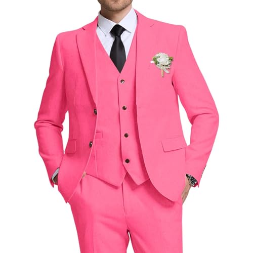 Retro Linen Suit for Men Slim Fit 3 Pieces Casual Beach Wedding Tuxedo Jacket Blazer Vest Pant Groomsmen Suits