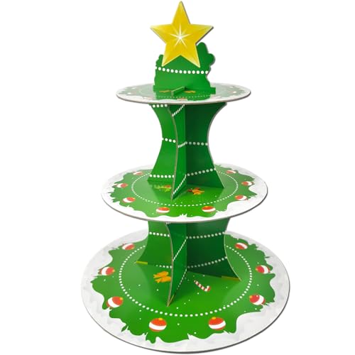 VARACL - Alzata per cupcake e dessert, a 3 ripiani, in cartone, con scritta "Merry Christmas", per decorazioni natalizie e invernali, colore: verde