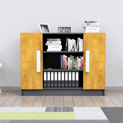 Image of Bniture Storage Cabinet Wooden Sideboard for Living Room with 3 Shelf & 2 Door | Multipurpose Book Shelf Storage Organizer Cabinet for Office Home Hallway Drawing Room Bedroom |Slate Grey & Giant Wood