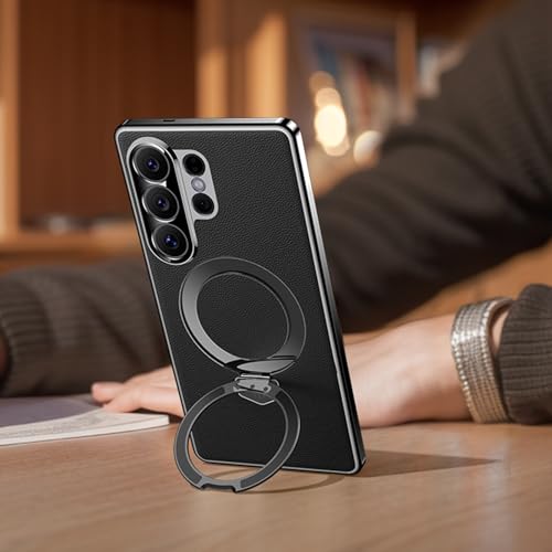 Étui Samsung S24 Ultra texture cuir premium noir avec bague support - 3