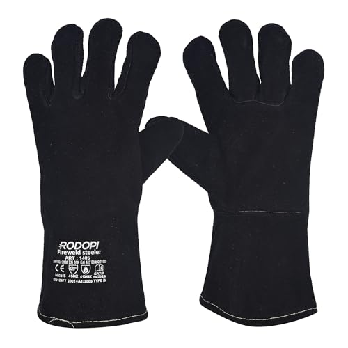 RODOPI FIREWELD-Steeler - Guantes de soldadura, negros, 1-10 pares, cuero de vacuno forrado, guantes de trabajo para hombre y mujer, talla 8-11 | EN 12477 tipo A, EN 388, EN 407, resistente al calor