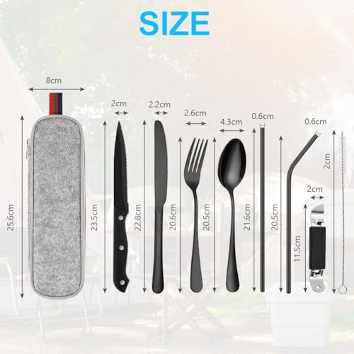 HOTUT Set di Posate Acciaio Inox, 9 Pezzi Posate Da Campeggio Kit con Borsa Portaoggetti, Posate Da Viaggio con Cucchiaio Forchetta Coltello Tavola Coltello Bistecca Bacchette Cannucce Spazzola, Nero - immagine 3