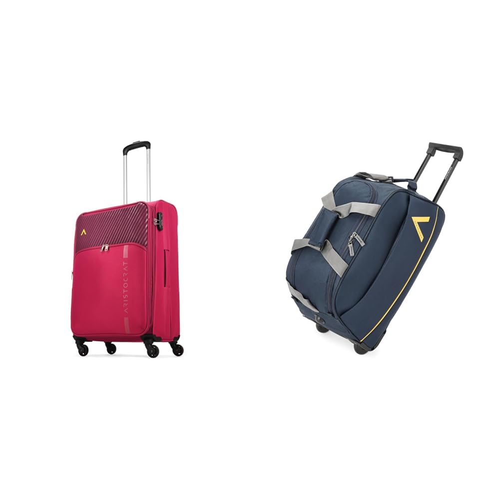 Aristocrat Striker Medium Size Soft Check in Luggage (69 Cm)|Spacious Polyester Trolley with 4 + Cadet Polyester 52 cms Blue Travel Duffle (Cadet)