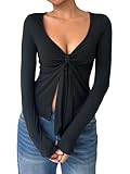 OYOANGLE Women's Long Sleeve Tie Knot Front V Neck T-Shirt Split Hem Trendy Tunic Casual Wrap Crop Tops Black Large