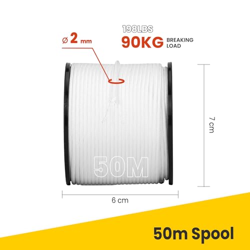 Brotree 2mm Paracord 3 Strands 50M 100% Nylon Rope Parachute Cord for Outdoor Craft, DIY - 90kg Breaking Load (White) - Image 2