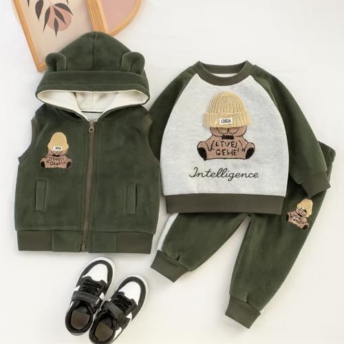 Image of Bold N Elegant Cotton Blend Cute Cartoon Bear Graphics Winter Warm Sweatshirt Hood Jacket And Jogger Pant 3 Pc Layering Clothing Set For Infant Toddler Kids