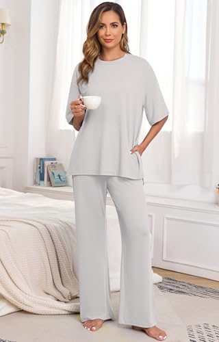 Image of PrinStory Womens Pajamas Sets 2 Piece Lounge Set Short Sleeve Tops and Long Pants Soft Pjs Loungewear with Pockets
