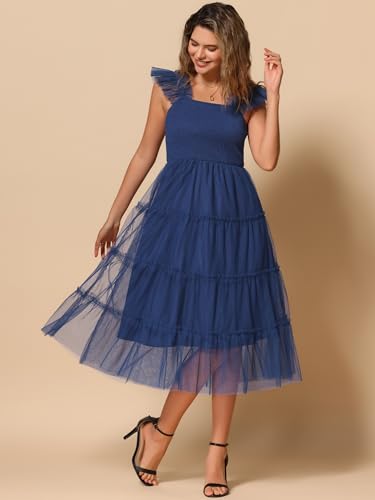 Image of Allegra K Women's Summer Midi Tulle Dress Sleeveless Smocked Square Neck Tiered Ruffled Wedding Guest Dress