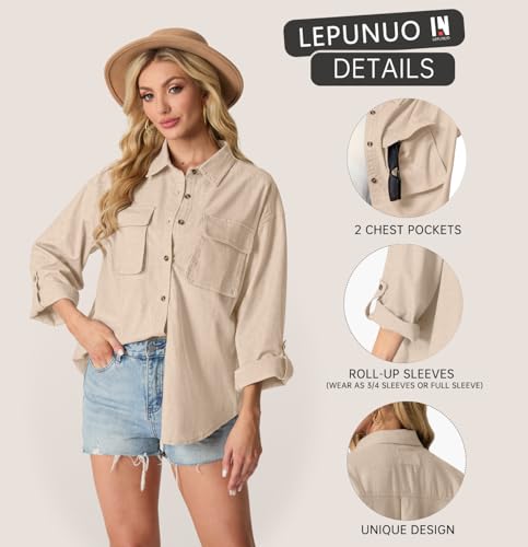 Lepunuo Womens Shacket Long Sleeve Shirt Jacket Button Down Linen Roll-up 3/4 Sleeves Shirts Blouses Tops Streetwear3