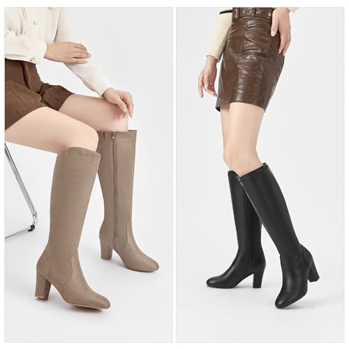 SelenePair Women's Knee High Boots Chunky Block Heel Round Toe Side Zipper Fashion Dress Winter Shoes2