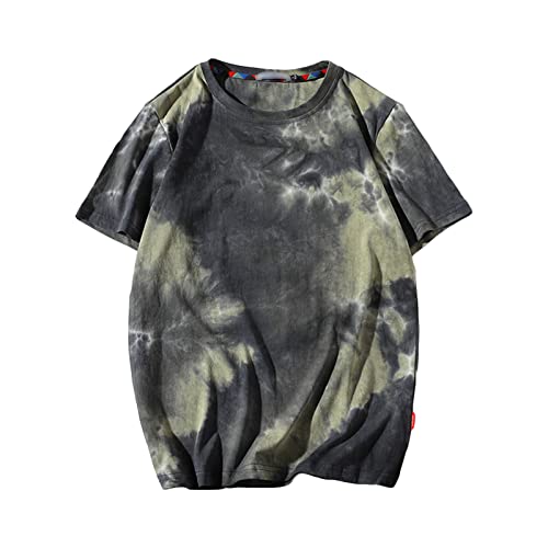 Hipster Crew Neck Tee Tie Dye Round Neck T-Shirt Casual Loose Print Short Sleeve Tops for Men (Green 1,XX-Large)