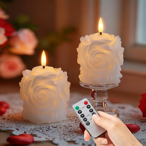 Image of Valentine Day Rose Flameless Candles with Remote and Timer, Wax LED Candles