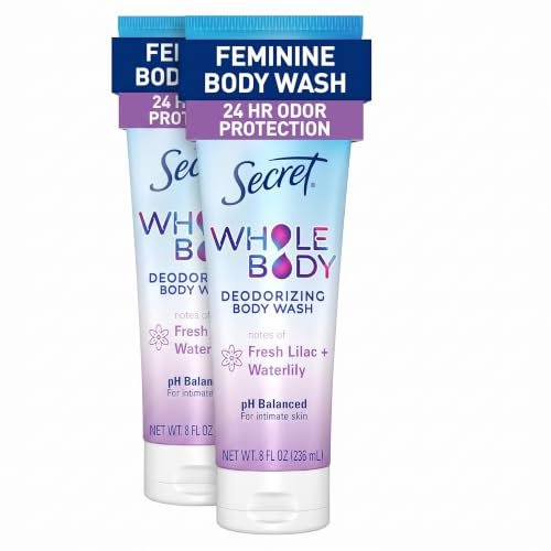 Secret Feminine Wash, 24 HR Deodorizing Feminine Body Wash for Women, Removes 6x Causes of Odor, PH Balanced, Safe to Use Everywhere, Lilac &amp; Waterlily Scent, 8.0 Fl Oz (Pack of 2)