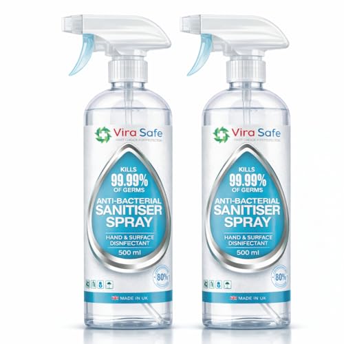 2 x 500ml Sanitiser Spray - Antibacterial Surface Disinfectant Sanitiser - 80% Pharma Grade Alcohol Based - Viral Eliminating Formula - Effective Against 99.9% of Viruses and Bacteria