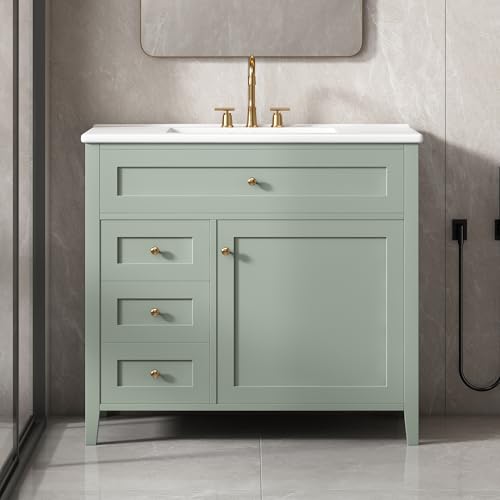 Image of 36 inch Bathroom Vanities with Top Set, Cabinet with Multi-Functional Tip-Out Drawer and Adjustable Shelf, Soft-Closing Door, Solid Wood Legs, Green