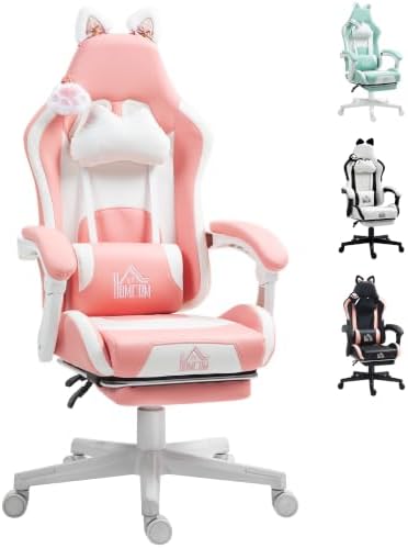 HOMCOM Silla Gaming con Orejas Reclinable 135° Altura Ajustable R...