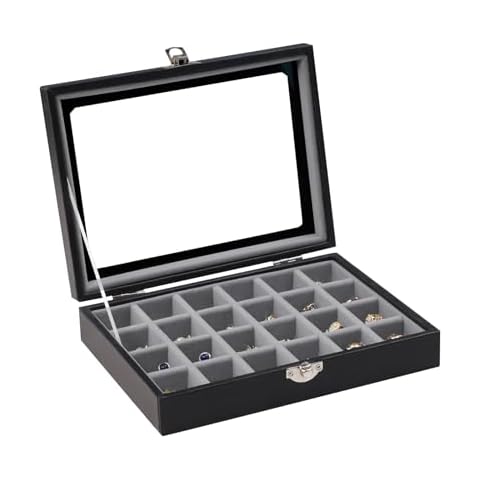 Wudygirl Small Jewelry Organizer Ring Box Velvet Jewelry Box Earring Organizer with Clear Lid Jewelry Tray for Women Girls Jewelry Display Case Drawer Inserts 24 Grid (Gray) Cover