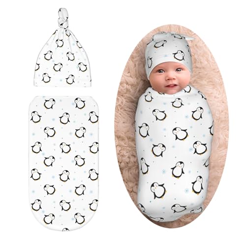 Image of Penguin Cartoon Newborn Swaddle Blanket for baby,Unisex Baby Stuff,Soft for Boys Girls, with Beanie hat Set, Baby Swaddle Wrap for Baby Shower Infant