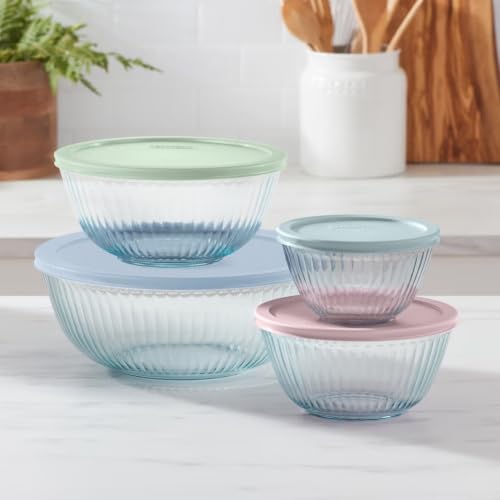 Image of Pyrex Ribbed Glass Mixing Bowl Set with Pastel Lids, 8 Piece Nesting Set