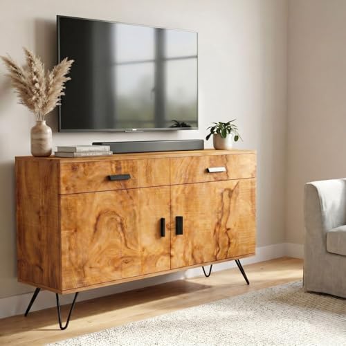 Image of FFO Wooden Sideboard Cabinet for Living Room | Wooden Living Room Storage Cabinet with Drawers, Side Cabinet for Bedroom, Modern Wood Finish, 2 Door Cupboard with Metal Legs Coach Wood DIY.