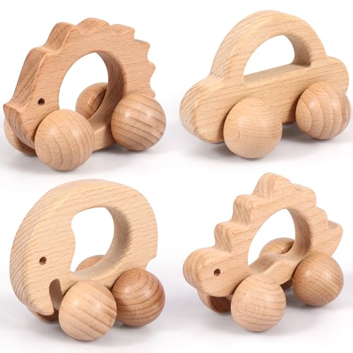 Wooden Cars Baby Toys Push and Pull Along Car for Toddlers 6 to 18 Months, Kids Montessori Toys Wooden Baby Chewing Toy Natural Beech Wood Push Cars for Boys Girls (4pcs A)