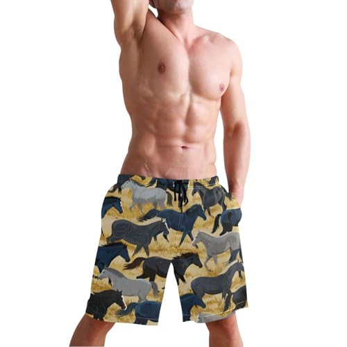 Men's Swim Trunks Quick Dry Swimming Shorts with Pocket Horses Running on Golden Background Swimsuit Trunks4