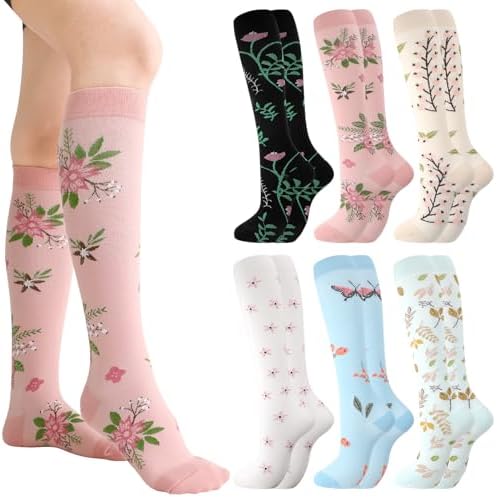 scenicamp 6 Pairs Compression Socks for Women Men Wide Calf Knee High Support Compression Socks Circulation-Best Support, Floral, Small-Medium
