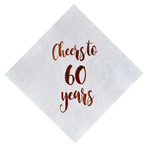 Cheers to 60 Years Cocktail Napkins, 50-Pack 3ply White Rose Gold 60th Birthday Dinner Celebration Party Decoration Napkin