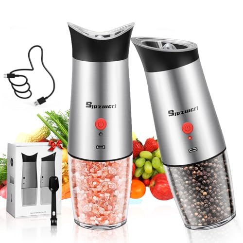 Electric Salt and Pepper Grinder Set: For Gravity Automatic Salt and Pepper Shakers with Light 8 Adjustable Coarseness Levels Sea Salt Grinder Stainless Steel Rechargeable Spice Peppercorn Mill