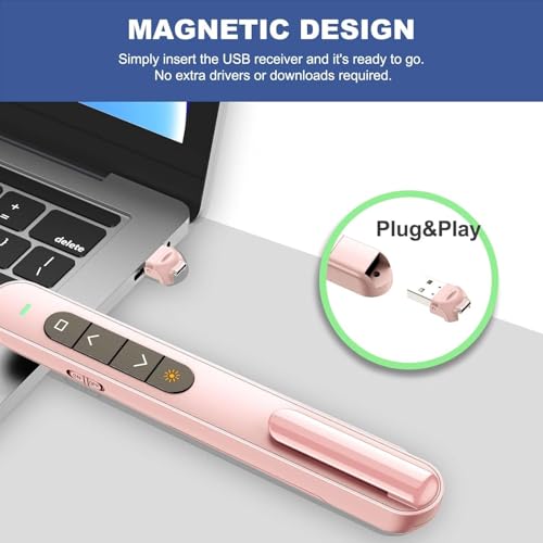 Image of Rts USB Type-C 2 in 1 Last Pointer 2024-2025 Presentation Clicker for PPT PowerPoint Clicker, Hyperlink Volume Control Wireless Presenter, RF 2.4GHz USB Remote Control for Keynote /MAC /PC /Laptop Pink