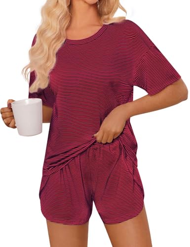 Image of JUSTFASHIONNOW Womens Pajama Sets Shorts Striped Print Two Piece Lounge Sets Crew Neck Sleepwear Split Shorts Set Soft Pjs