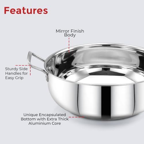 Image of AVIAS INOX Triply Bottom Stainless Steel Kadai 22cm, Easy Grip Handle