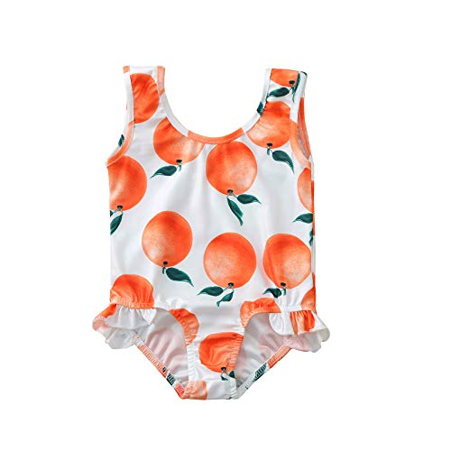 Shan-S Toddler Baby Girls Swimsuit Sleeveless Orange Printed Ruffles Swimwear One Piece Summer Bathing Suit